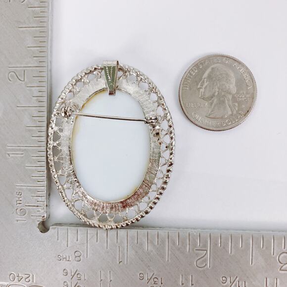 Vintage Mid Century Porcelain Floral Cameo Brooch Pendant Silver Filigree Oval - Picture 11 of 11